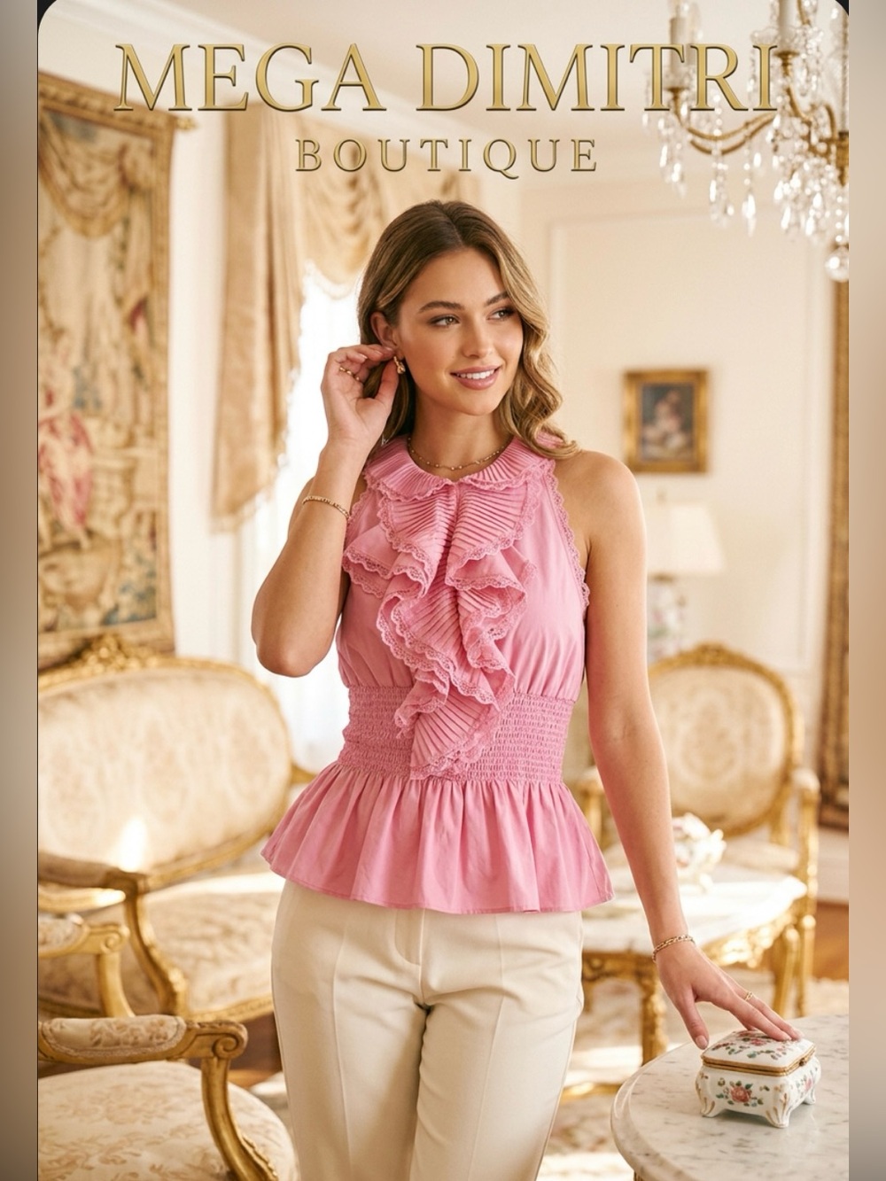 Cute Dimitri Pink Ruffled Smocked Peplum Top ~ Size XL (12-14)